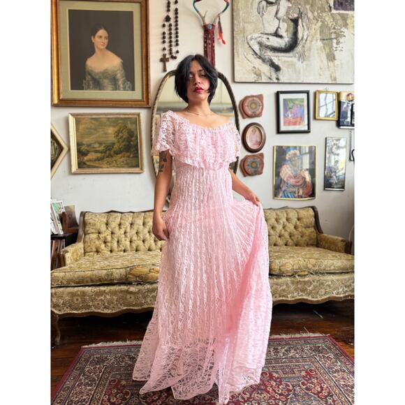 80s Pink Lace Off the Shoulder Floral Maxi Dress Size Small by Witch and Wolf - Picture 6 of 14